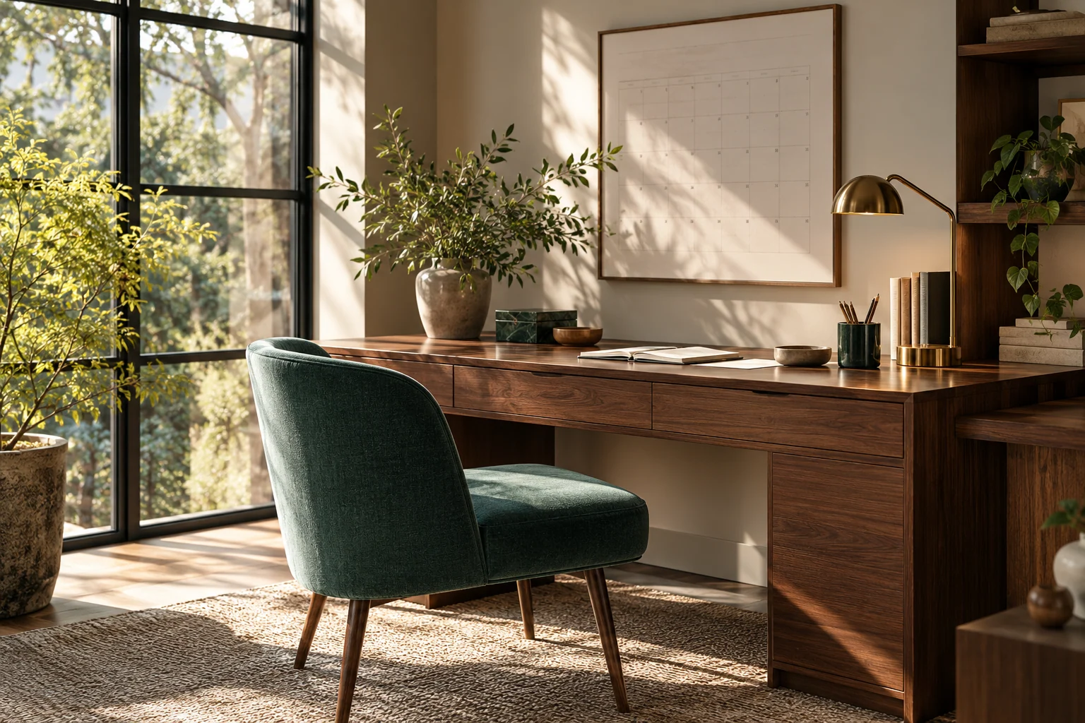 AI-created editorial illustration: A carefully organized household writing corner with a paper calendar showing no readable text, green fabric chair and walnut desk.