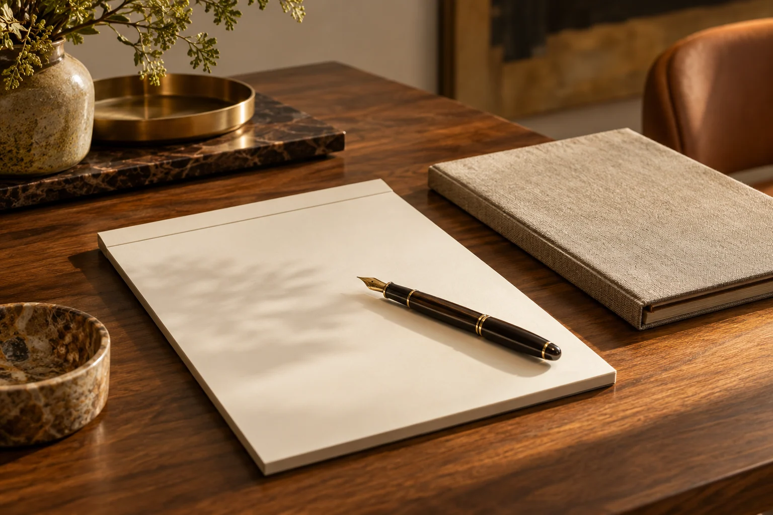 AI-created editorial illustration: A beautifully composed pale writing pad, a dark fountain pen and a closed linen folder on a warm wood desk, no readable text.