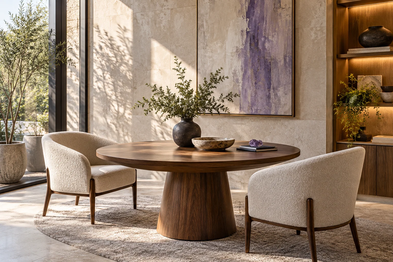 AI-created editorial illustration: A calm private consultation room with a round walnut table, pale stone walls, two empty upholstered chairs and natural light.