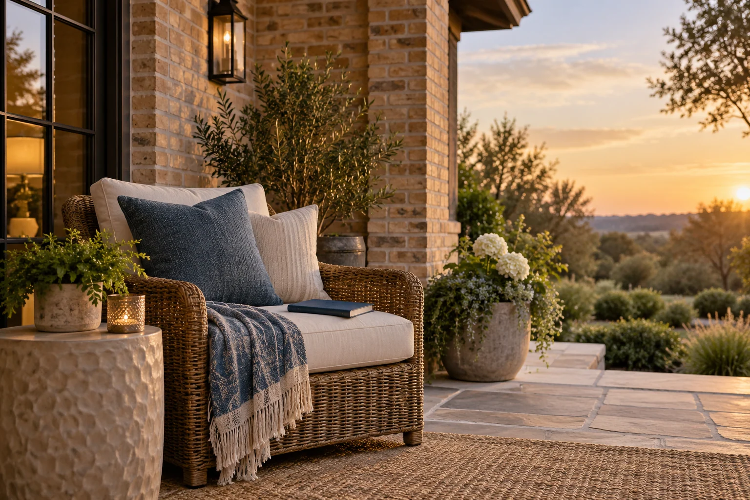 AI-created editorial illustration: A sheltered brick porch with a woven chair, soft cushions and a small personal notebook.