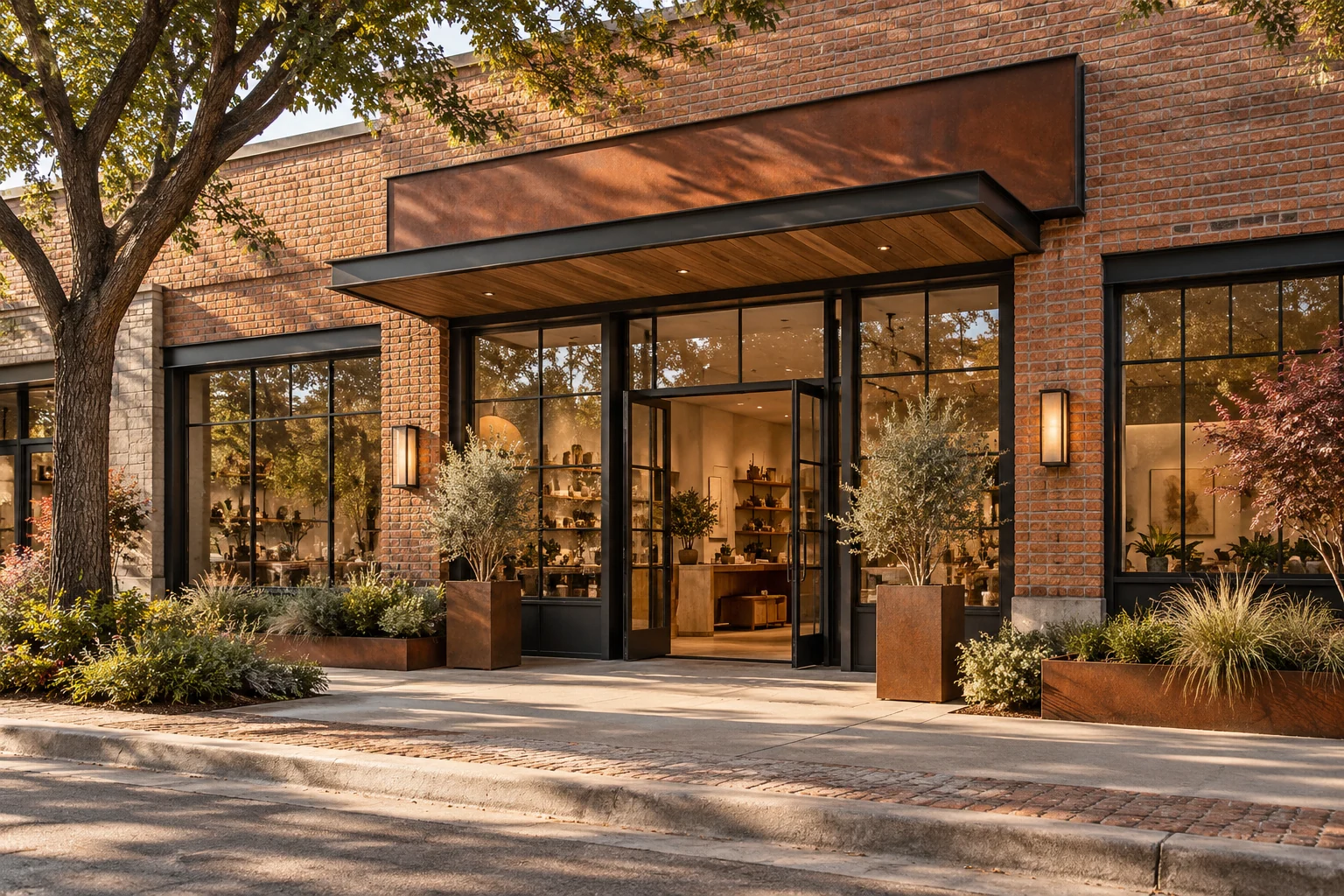 AI-created editorial illustration: An unbranded contemporary storefront with blank signage, warm brick, large windows and simple planted frontage.