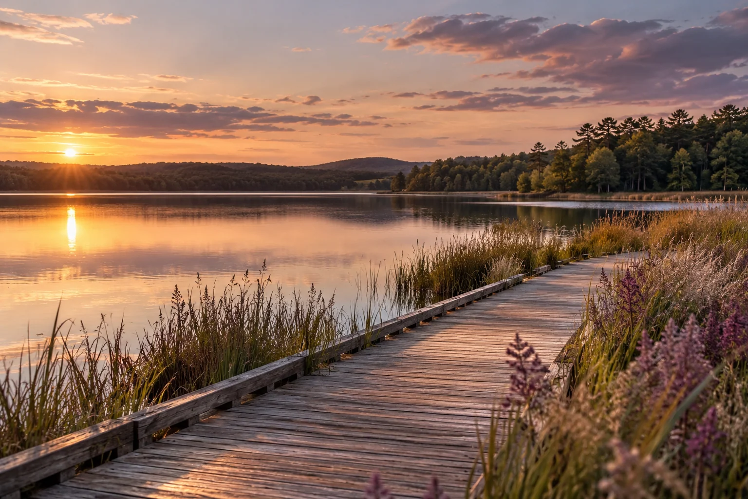 AI-created editorial illustration: A still lake edge and a simple wooden walking path in late-afternoon light, reeds and a distant tree line, fictional location.