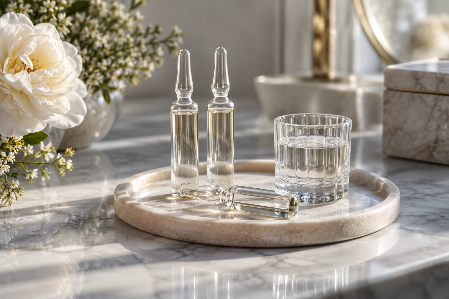 AI-created editorial illustration: Unbranded clear glass drinkable ampoules beside a tiny transparent drinking glass and a pale stone tray, cool morning light on a pearl-grey vanity, premium French beauty still life.