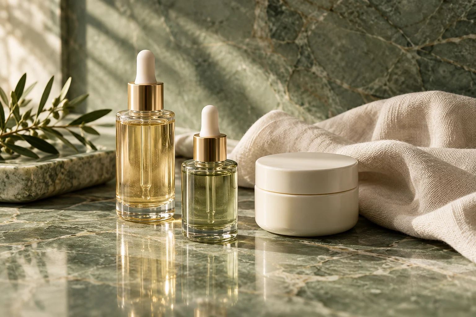 AI-created editorial illustration: Unbranded skincare serum dropper bottles, a closed ivory cosmetic jar and softly folded linen on sage marble, clean side lighting and subtle glass reflections.