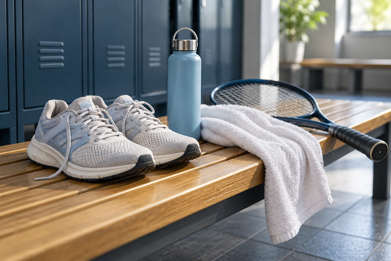 AI-created editorial illustration: Premium athletic still life of running shoes, a tennis racket, a gym towel and an unbranded water bottle on a tidy locker-room bench, realistic textures and cool daylight.