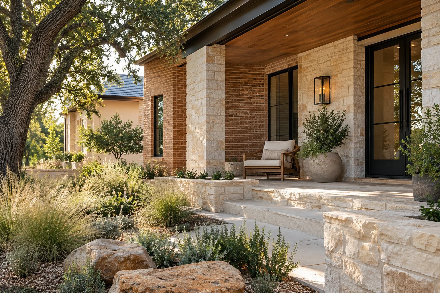 AI-created illustration of a shaded Texas-inspired brick-and-limestone porch.