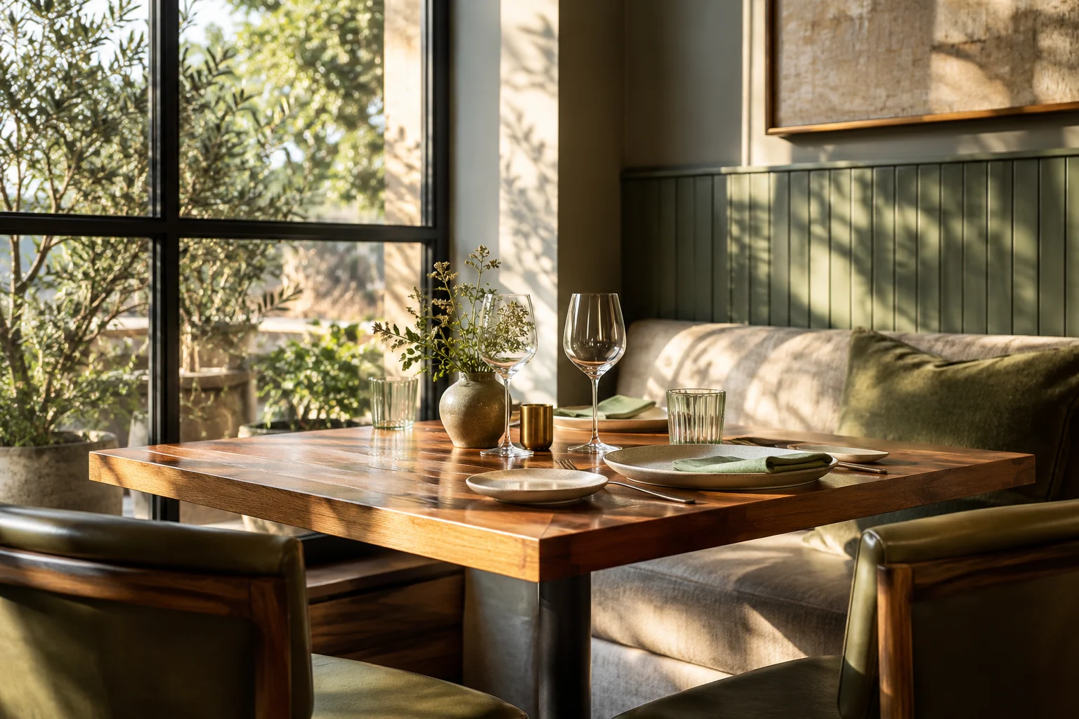 AI-created editorial illustration: A quiet contemporary neighborhood restaurant corner, a single carefully set wooden table beside a sunlit window.