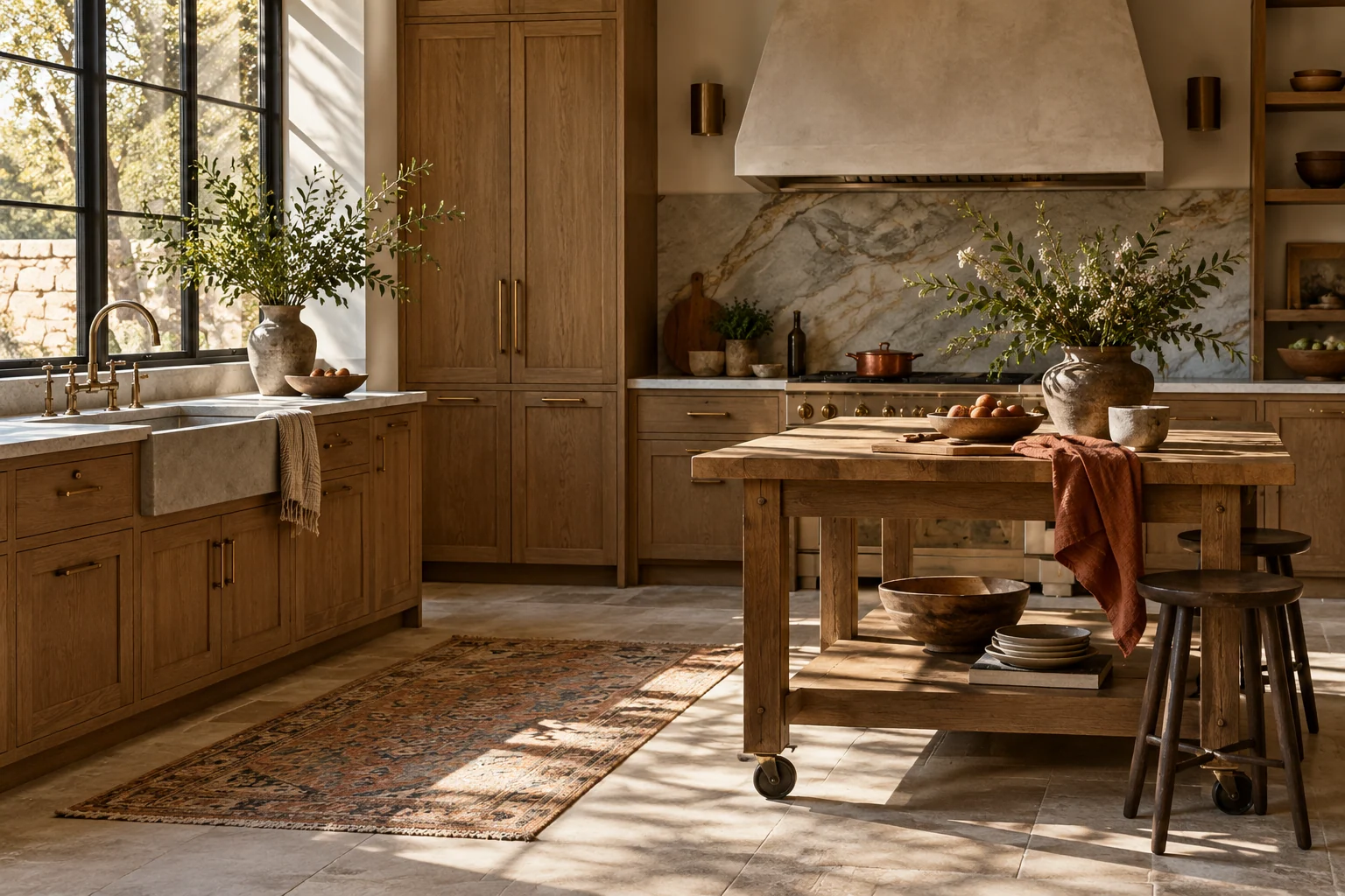 AI-created editorial illustration: A restrained kitchen with oak cabinetry and a movable table, real natural textures and dappled light.
